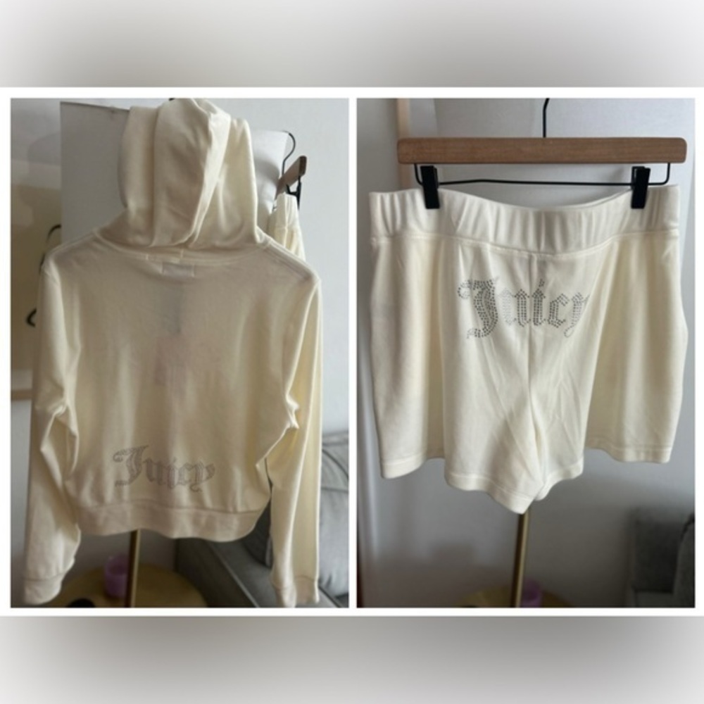Juicy Couture Ringhstones Cream Velour Y2K Set Hoodie Shorts Tracksuit Xl